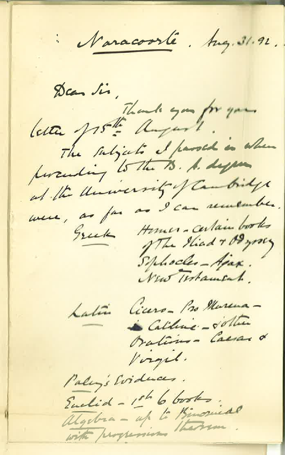 Alfred Wheeler - Naracoorte - Subjects Passed When Proceeding to Degree