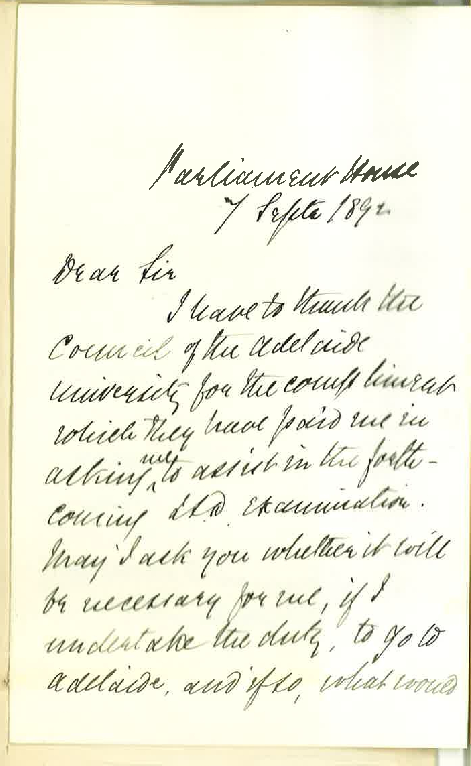 Dr Dobson - Parliament House - Melbourne - Will Act as Additional Examiner LLD Examination