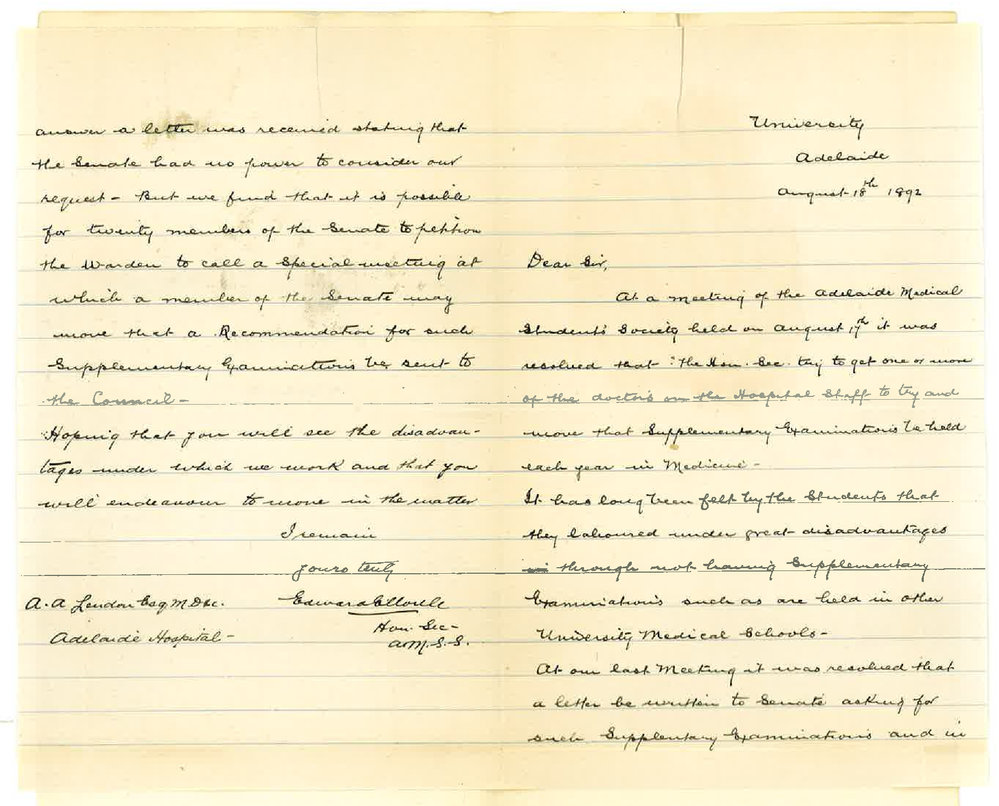 Edward Ernest Moule - University to Dr Lendon - Asking for Supplementary Examination