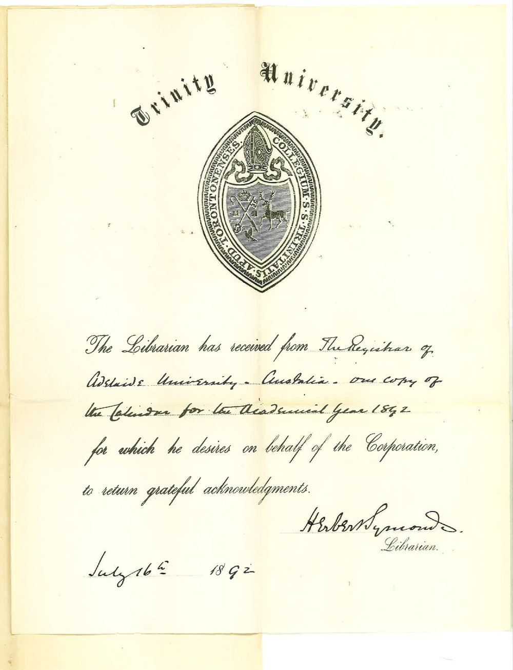 Herbert Symonds - Librarian - Trinity University - Thanks for Calendar