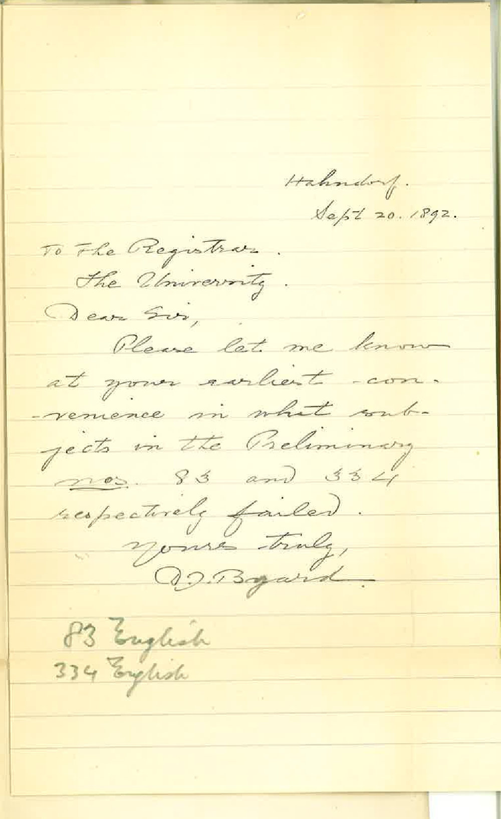 Douglas John Byard - Hahndorf - Subjects 83 and 334 Failed in at Preliminary Exam