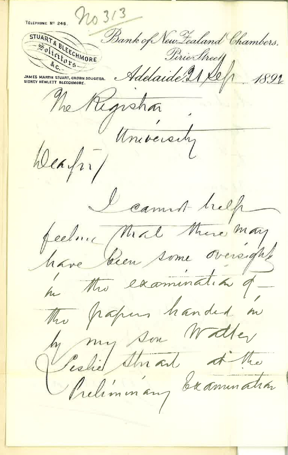 James Martin Stuart - Bank of New Zealand Chambers - Pirie Street Adelaide - Failure of W R Stuart to Pass Preliminary Exam