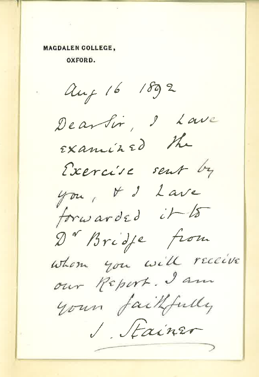 Sir J Stainer - Magdalen College - Oxford - Exercise Examined and Forwarded to Dr Bridge