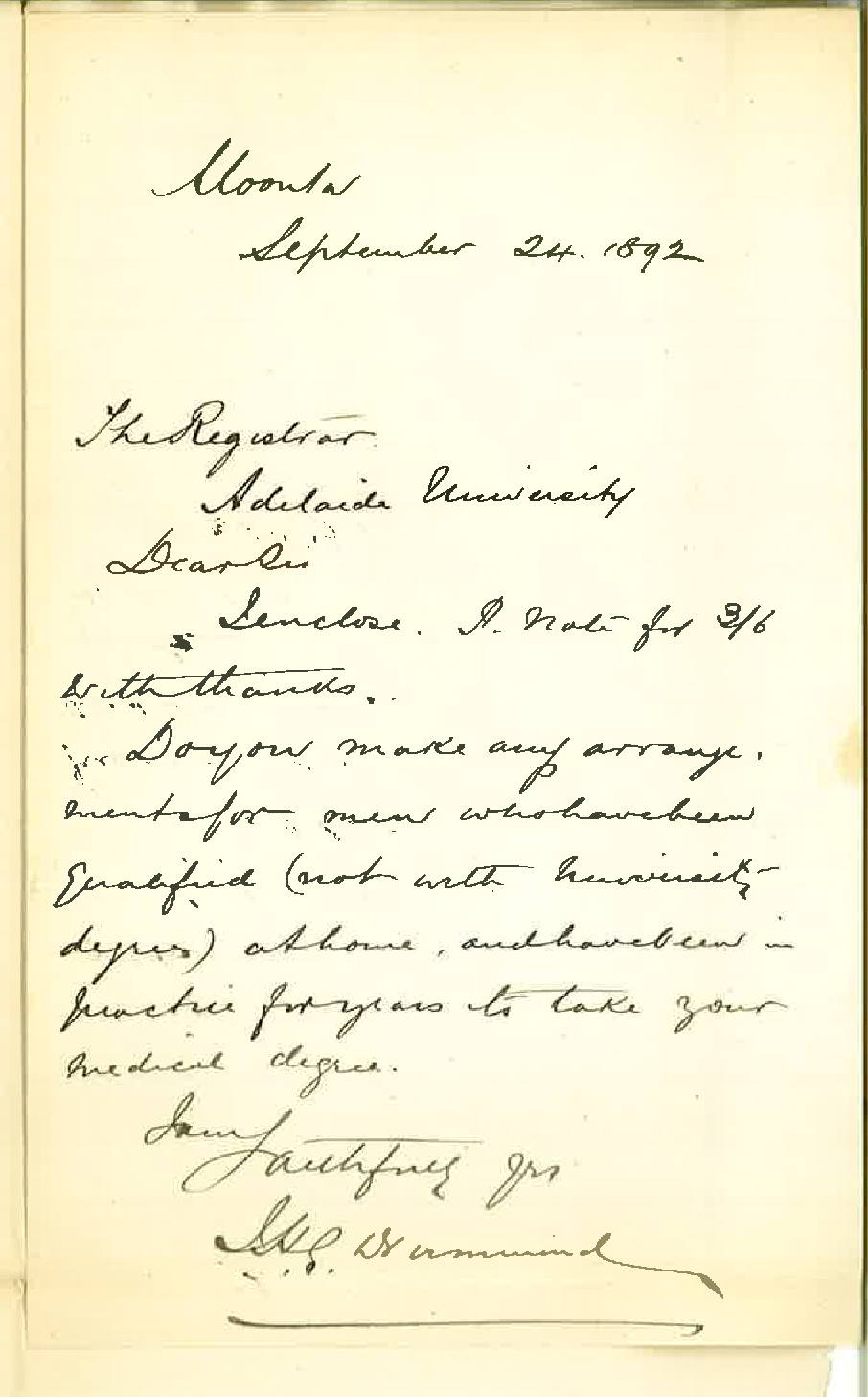 J H G Drummond - Moonta - Information Regarding Recognition Medical Degree etc