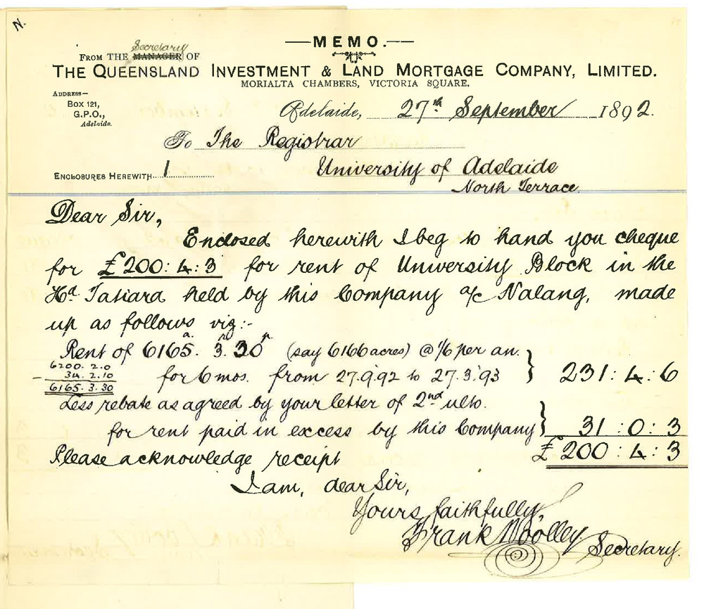 Frank Woolley - Secretary - Queensland Investment and Mortgage Company - Victoria Square Adelaide - Cheque for Rent