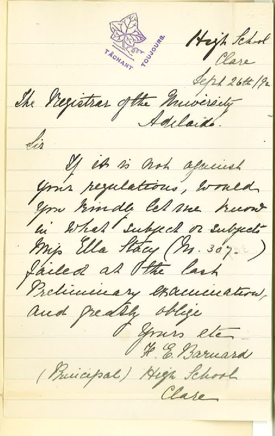 Mrs F E Barnard - Principal - High School Clare - Subjects Miss Ella Stacy Failed in at Preliminary Examination