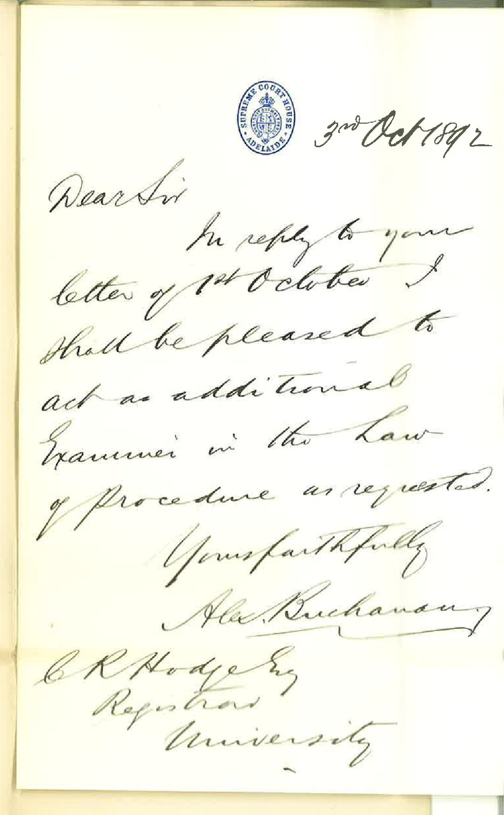 Alex Buchanan - Supreme Courthouse Adelaide - Will Act as Additional Examiner