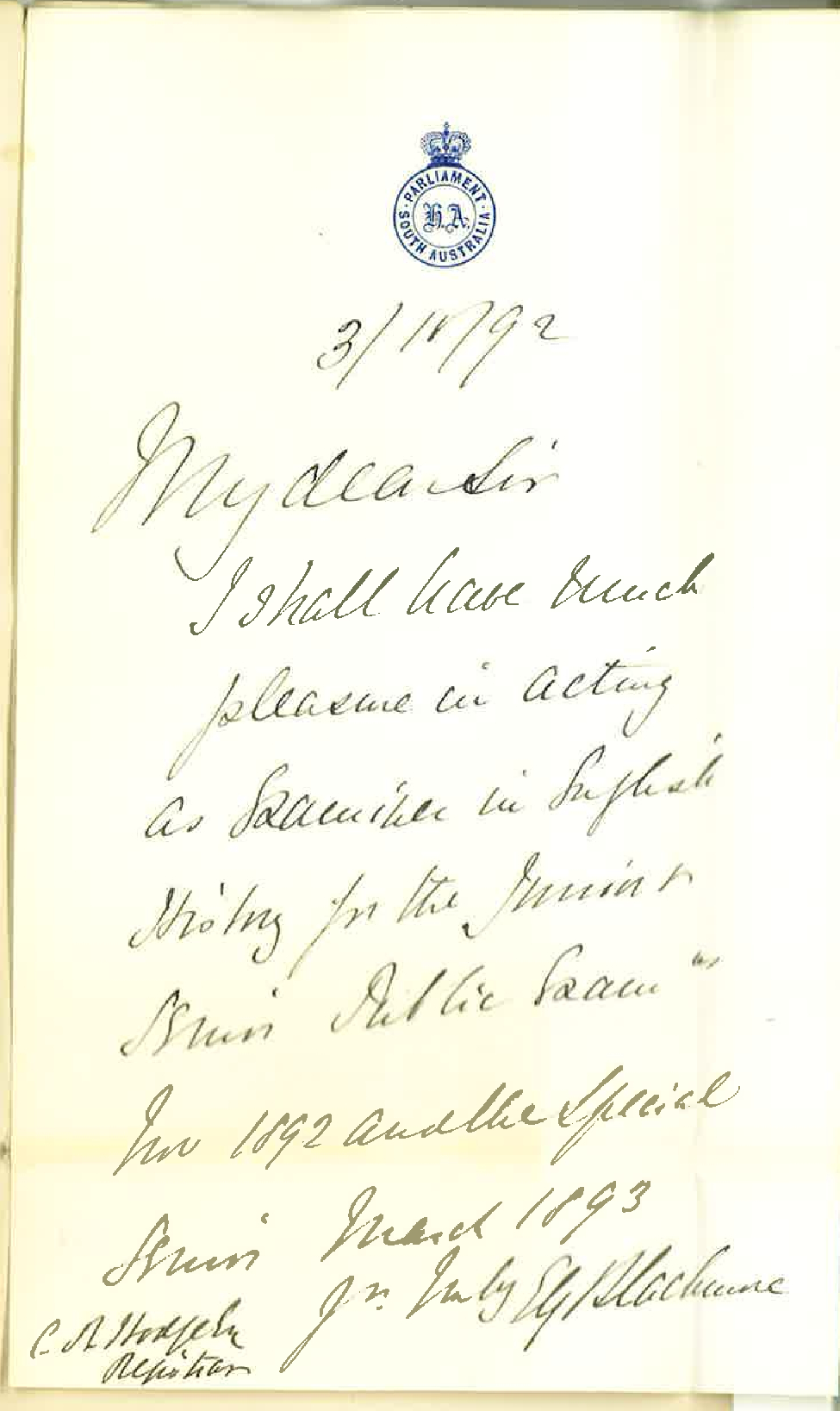 E G Blackmore - Parliament House - Adelaide - Will Act as Additional Examiner