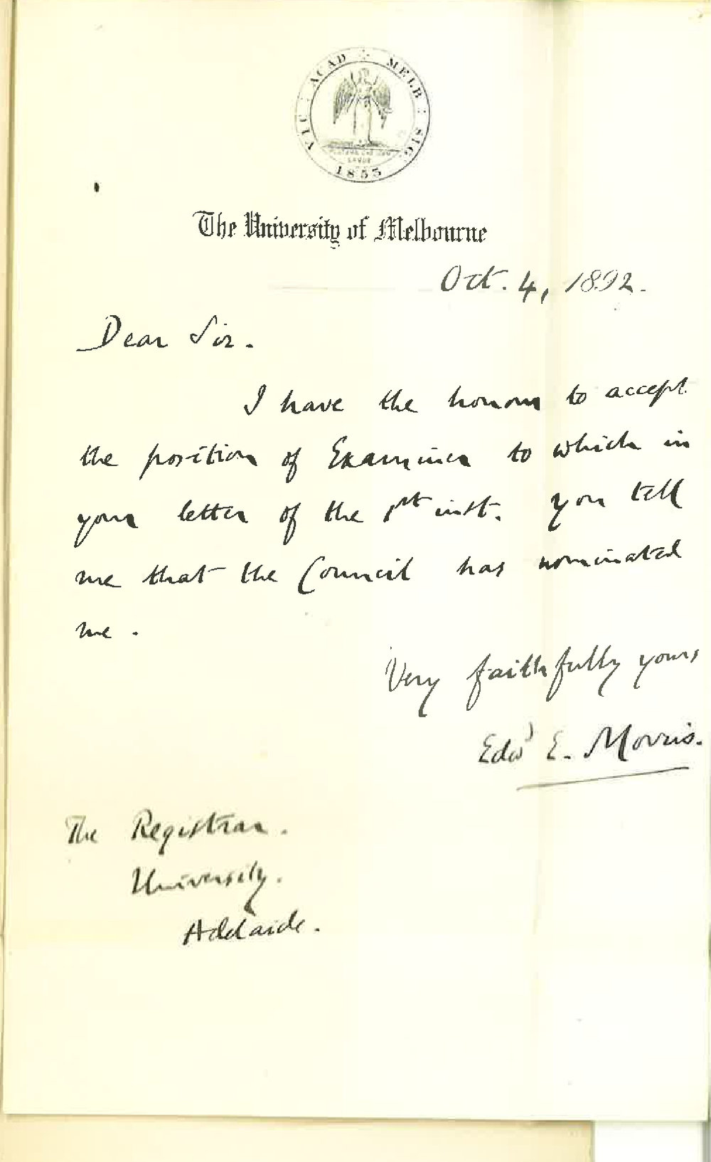 Professor Edward E Morris - University of Melbourne - Will Act as Additional Examiner