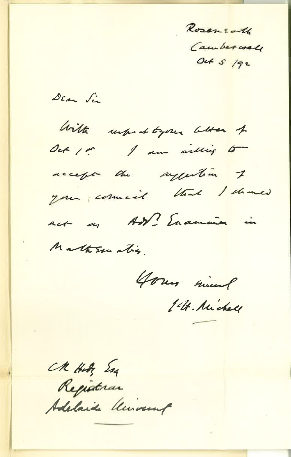 J H Michell - Camberwell - Will Act as Additional Examiner in Mathematics