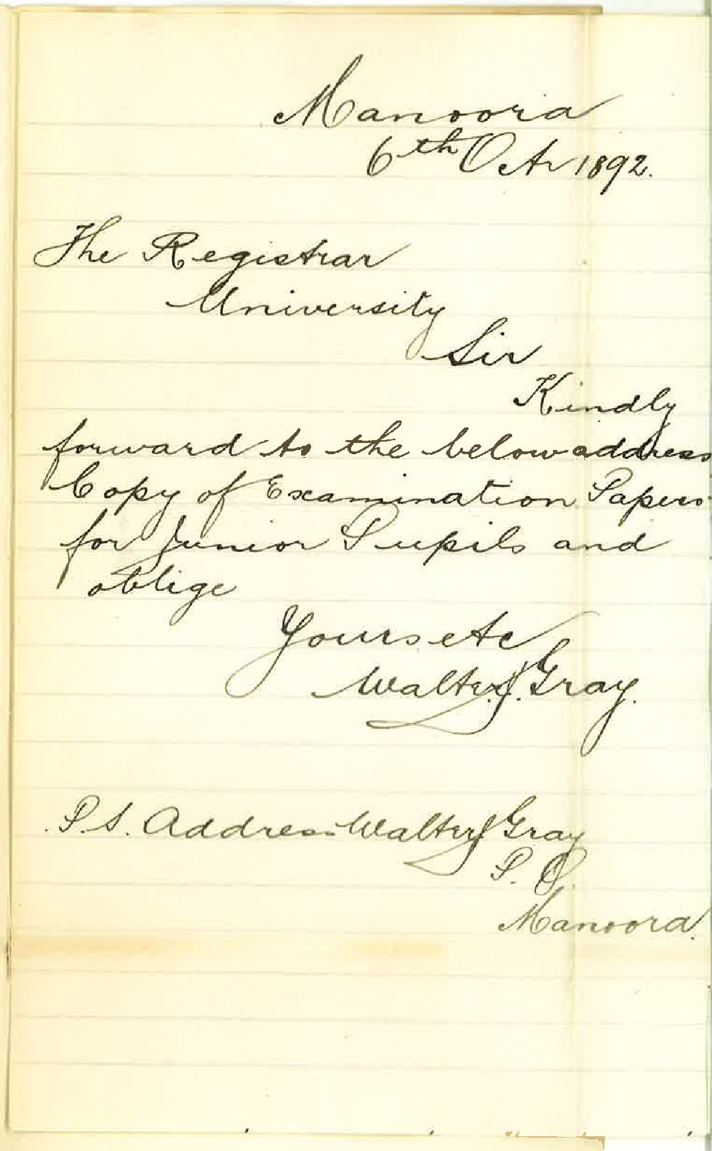 Walter J Gray - Manoora - Requests Copy of Examination Papers