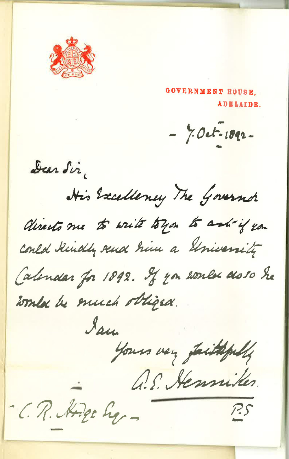A E Henniker - Private Secretary - Government House - Adelaide - Requests University Calendar for 1892