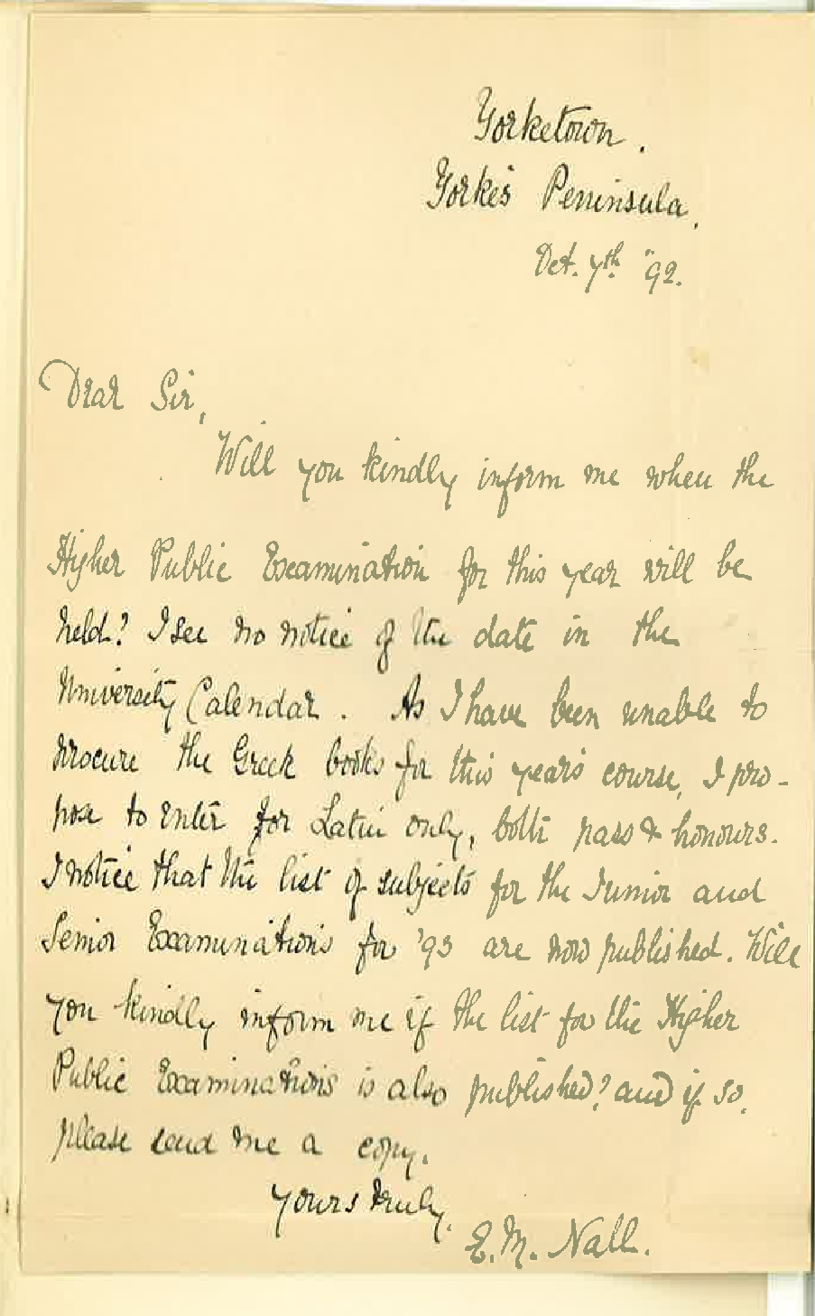 Miss Ethel M Nall - Yorketown Yorkes Peninsula - Requests Schedule etc