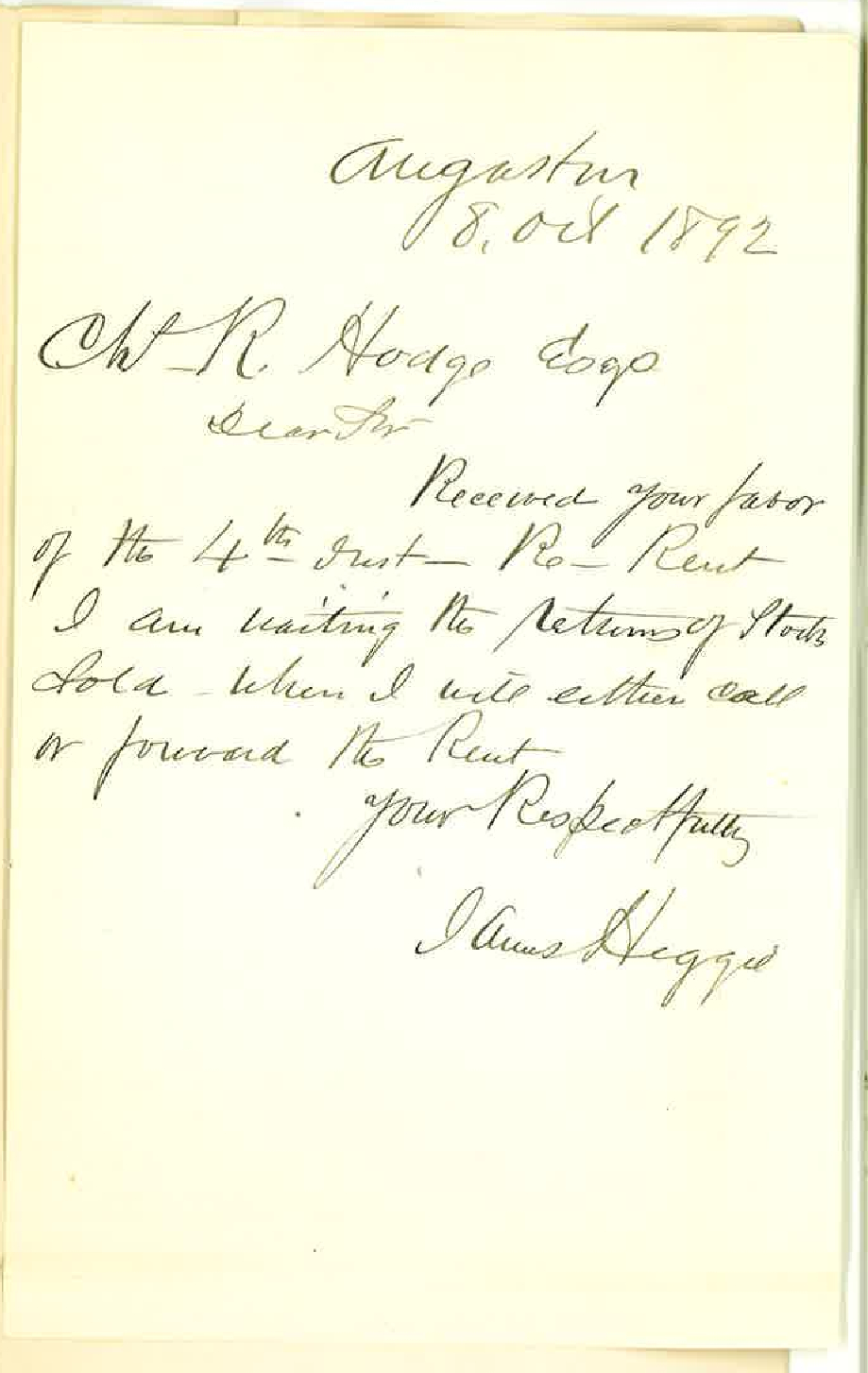 James Heggie - Angaston - Regarding Payment of Rent