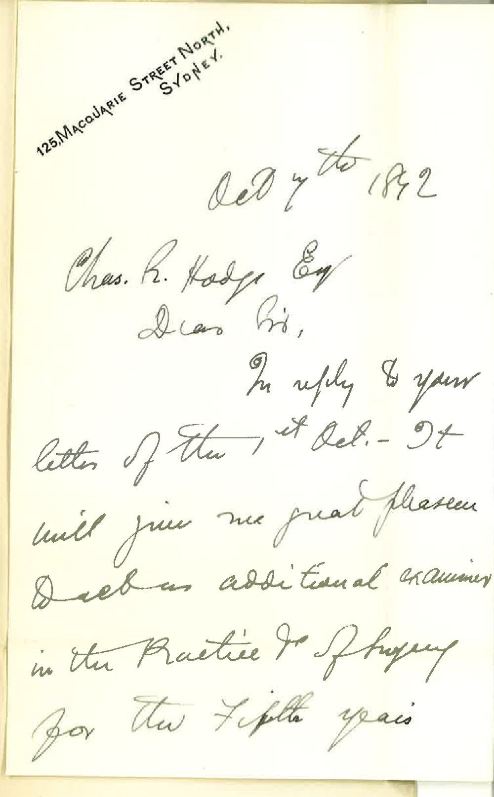 Dr A MacCormick - North Sydney - Will Act as Additional Examiner in Practice of Surgery