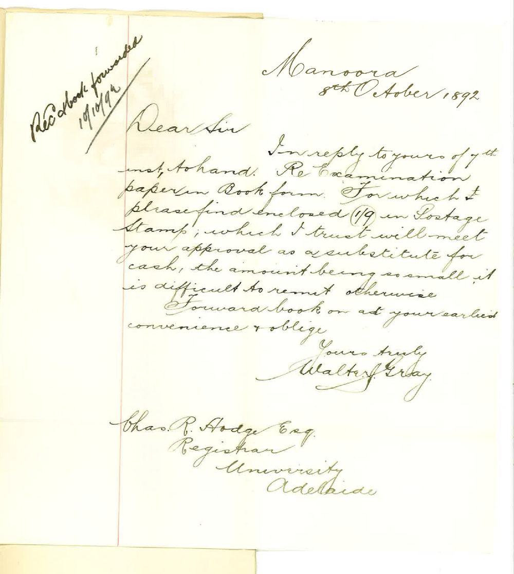 Walter J Gray - Manoora - Copy of Examination Papers 1892