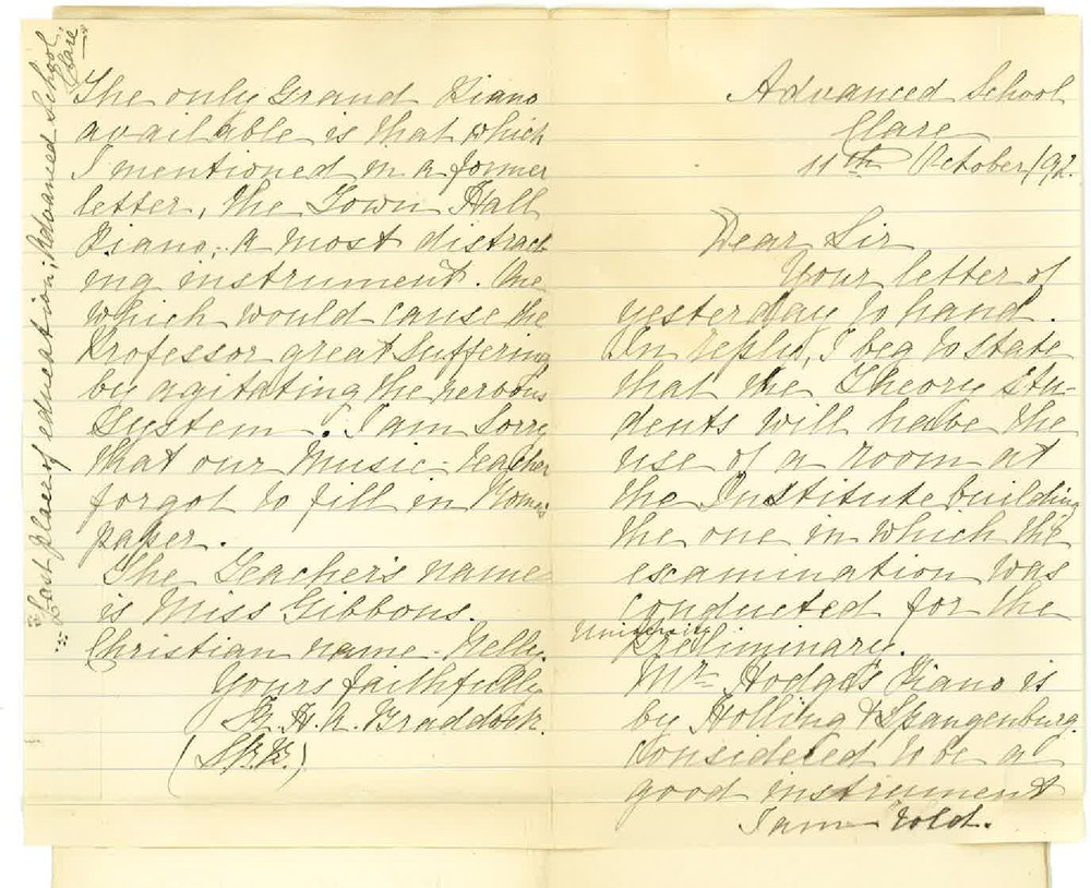 R H A Braddock - Advanced School Clare - Regarding Musical Examinations and Piano