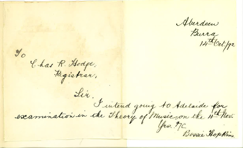 Miss Bessie Hopkins - Aberdeen Burra - Coming to Adelaide to be Examined