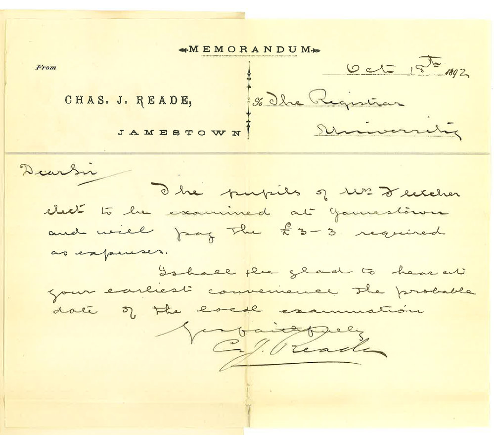 Charles J Reade - Jamestown - Mrs Fletcher's Pupils Elect to be Examined at Jamestown