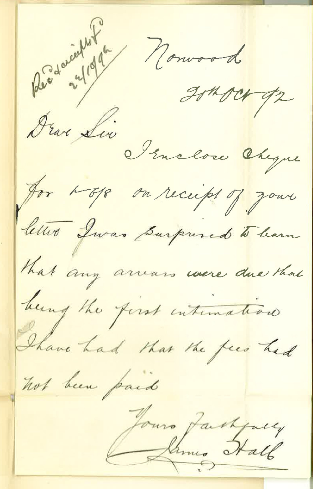 James Hall - Norwood - Forwarding Fees for Evening Class