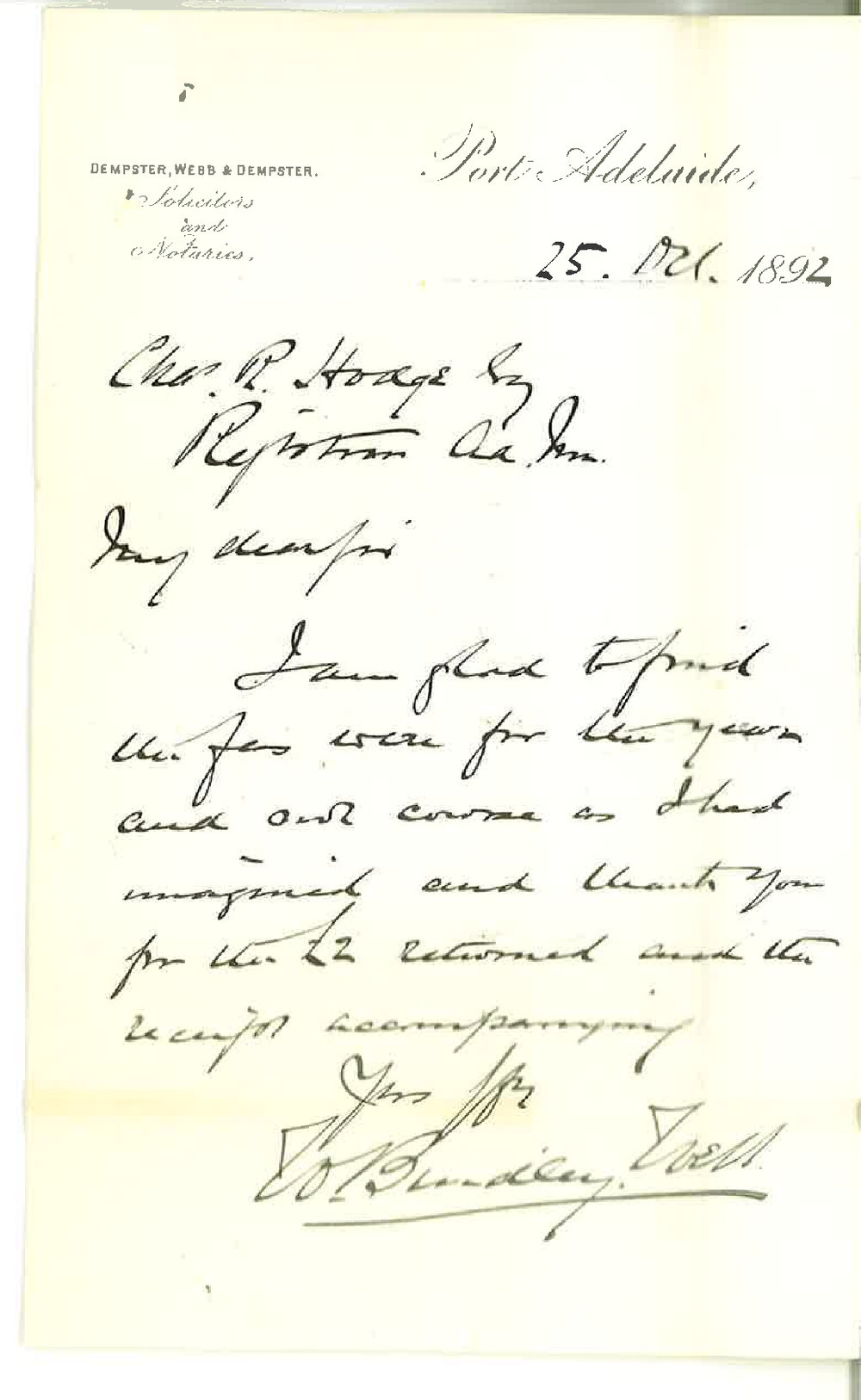 W Brindley Webb - Port Adelaide - Forwarding Son's Fees for Evening Class in Electric Engineering