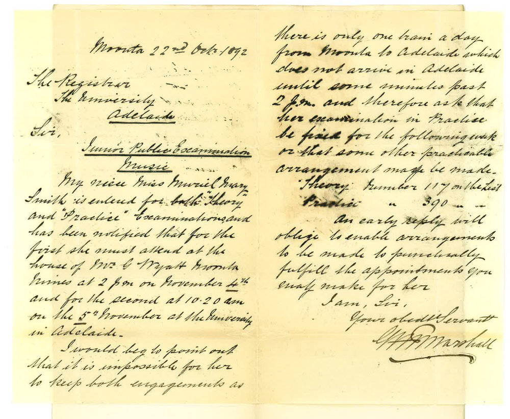 G W F Marshall - Moonta - Niece Miss M M Smith Cannot Attend at Time Stated for Music Exam