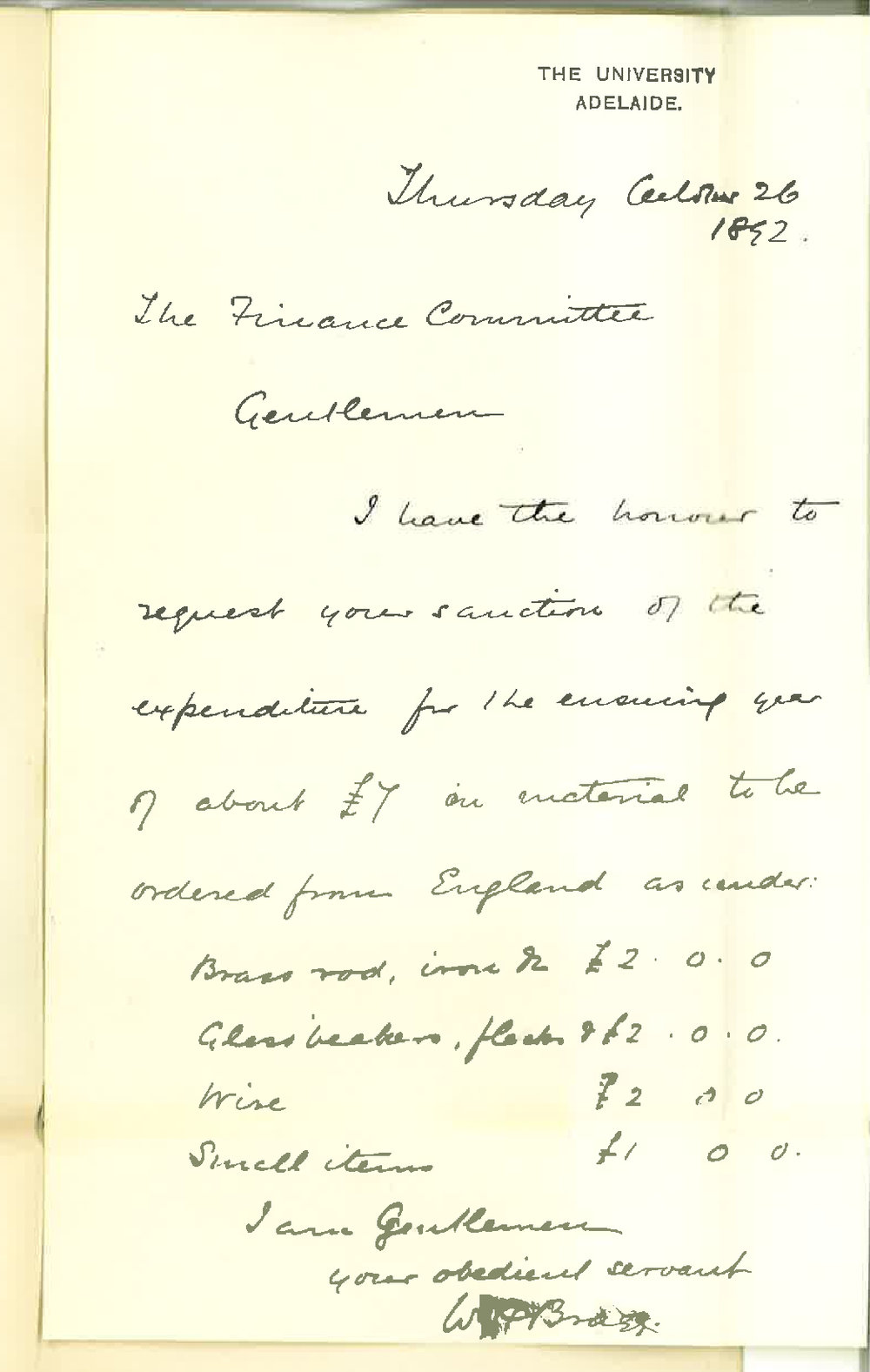 Professor William Henry Bragg - The University - Estimated Expenditure for November 1892