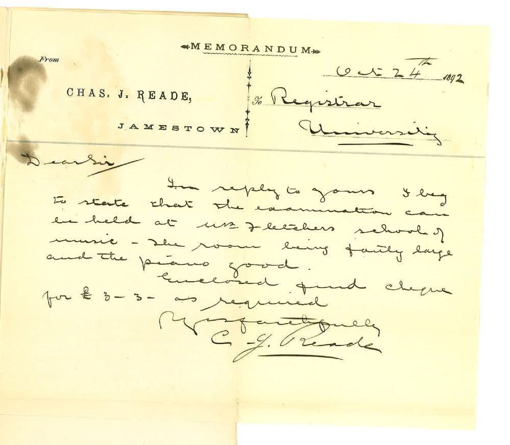 Charles J Reade - Jamestown - Examination Can be Held at Mrs Fletcher's Forwarding Professors Expenses etc