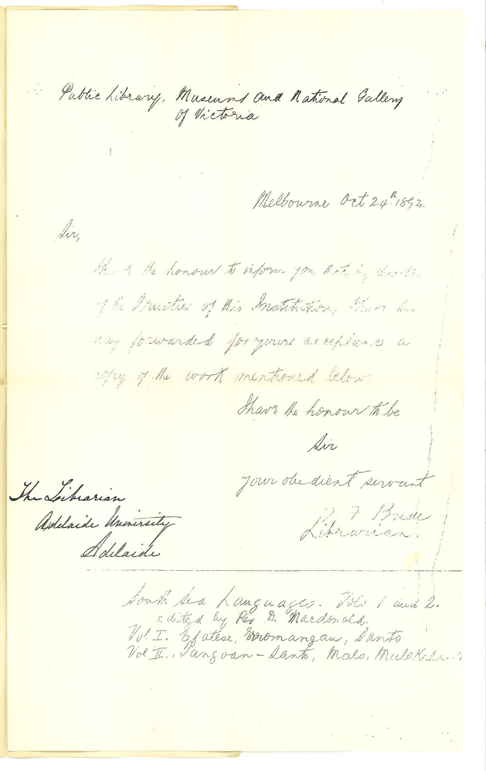 T F Bride - Public Library Museums and National Gallery of Victoria - Melbourne - Forwarding Books for Library