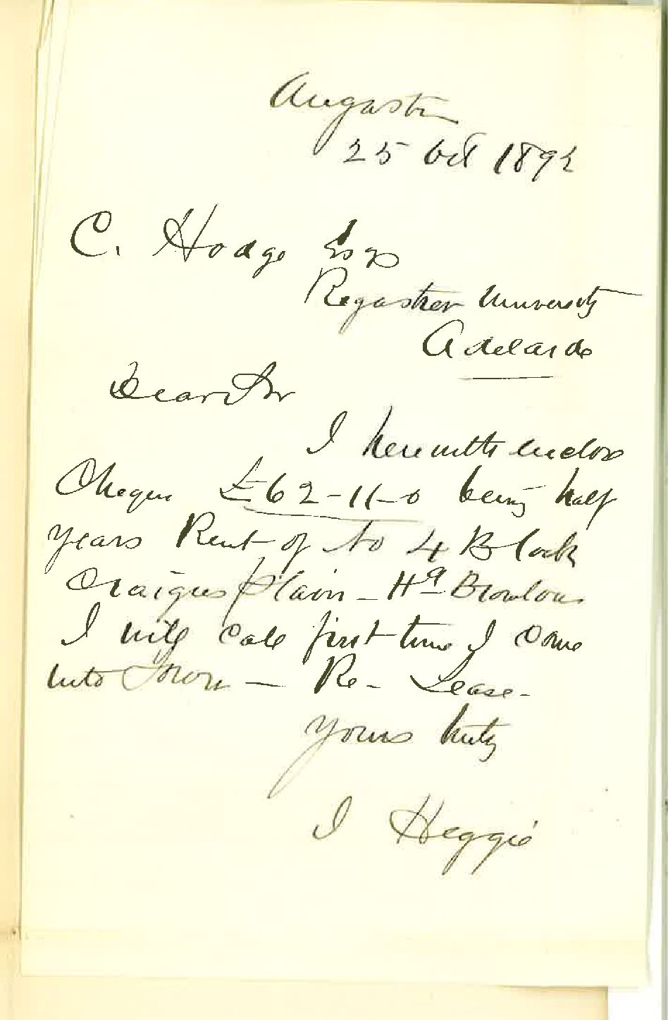 James Heggie - Angaston - Payment of Rent