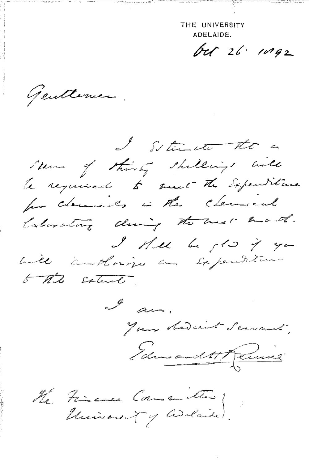 Professor Edward Henry Rennie - The University - Estimate of Expenditure for November 1892