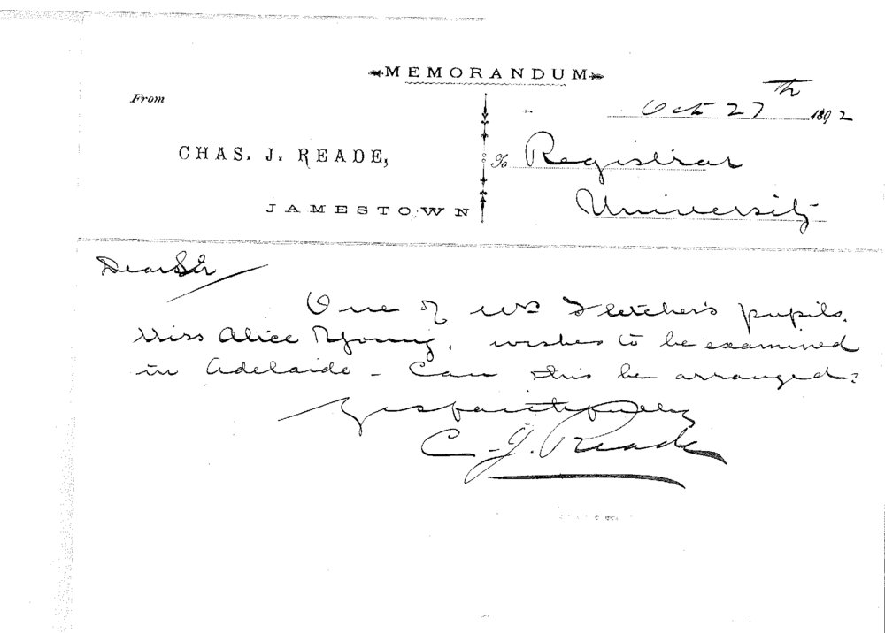 Charles J Reade - Jamestown - One of Mrs Fletcher's Pupils Wish to be Examined in Adelaide