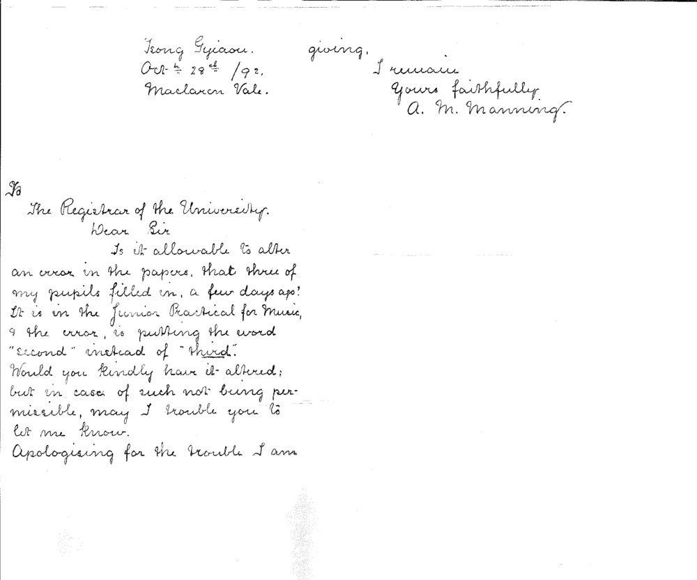 Miss A M Manning - Tsong Gyiaou - McLaren Vale - Alteration in Forms of Pupils for Junior Practice of Music