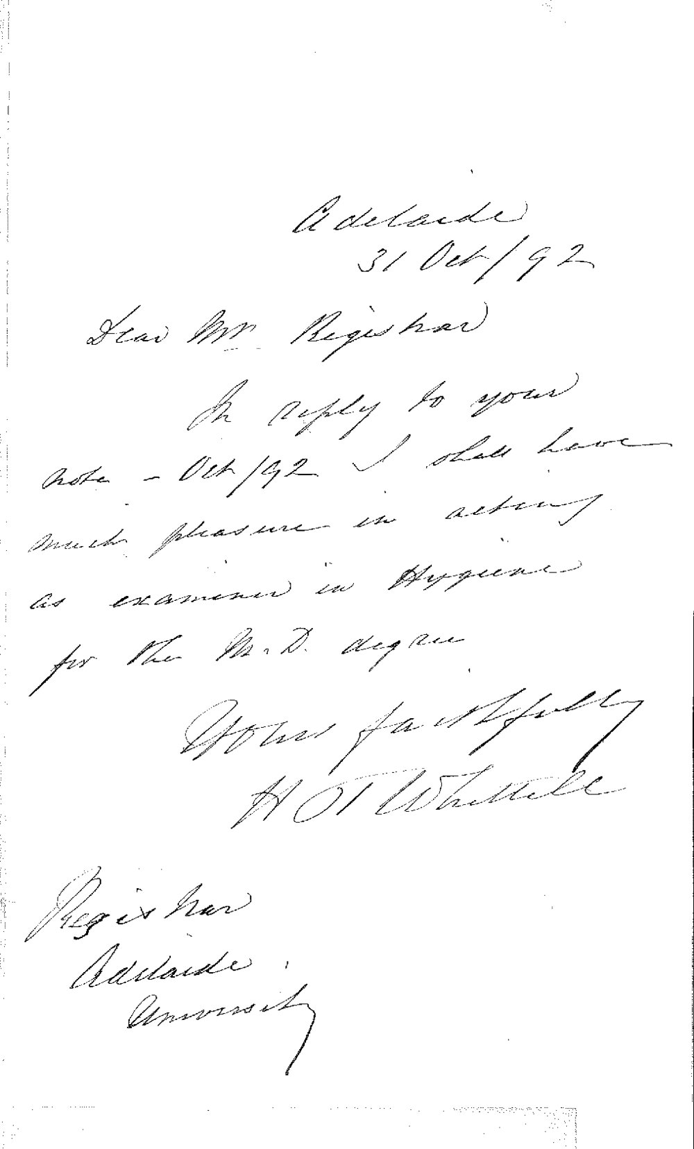 Dr Horatio Thomas Whittell - Central Board of Health Adelaide - Will Act as Examiner MD Degree November 1892