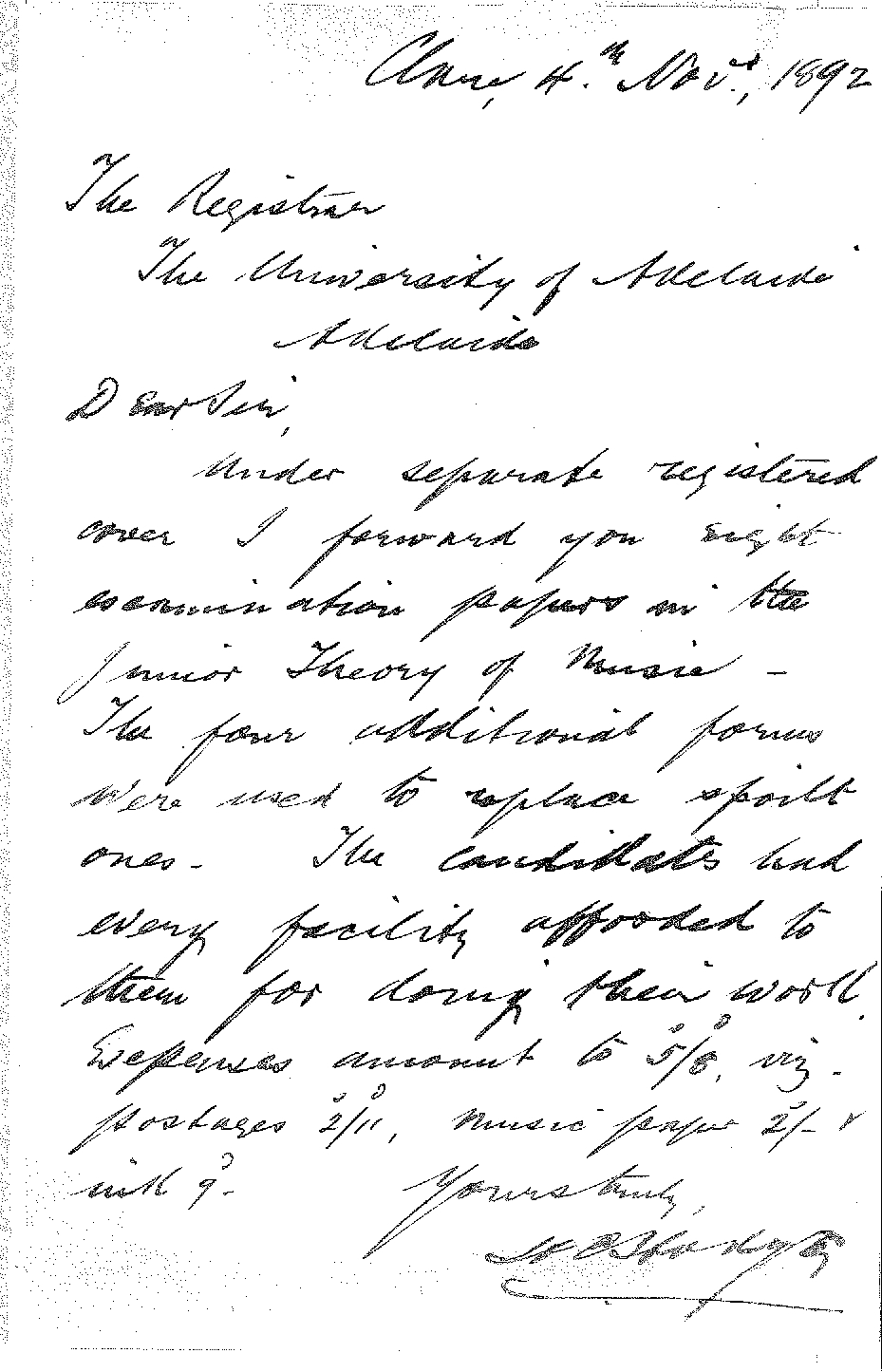 H E Hodge - Clare - Forwarding Exam Papers etc