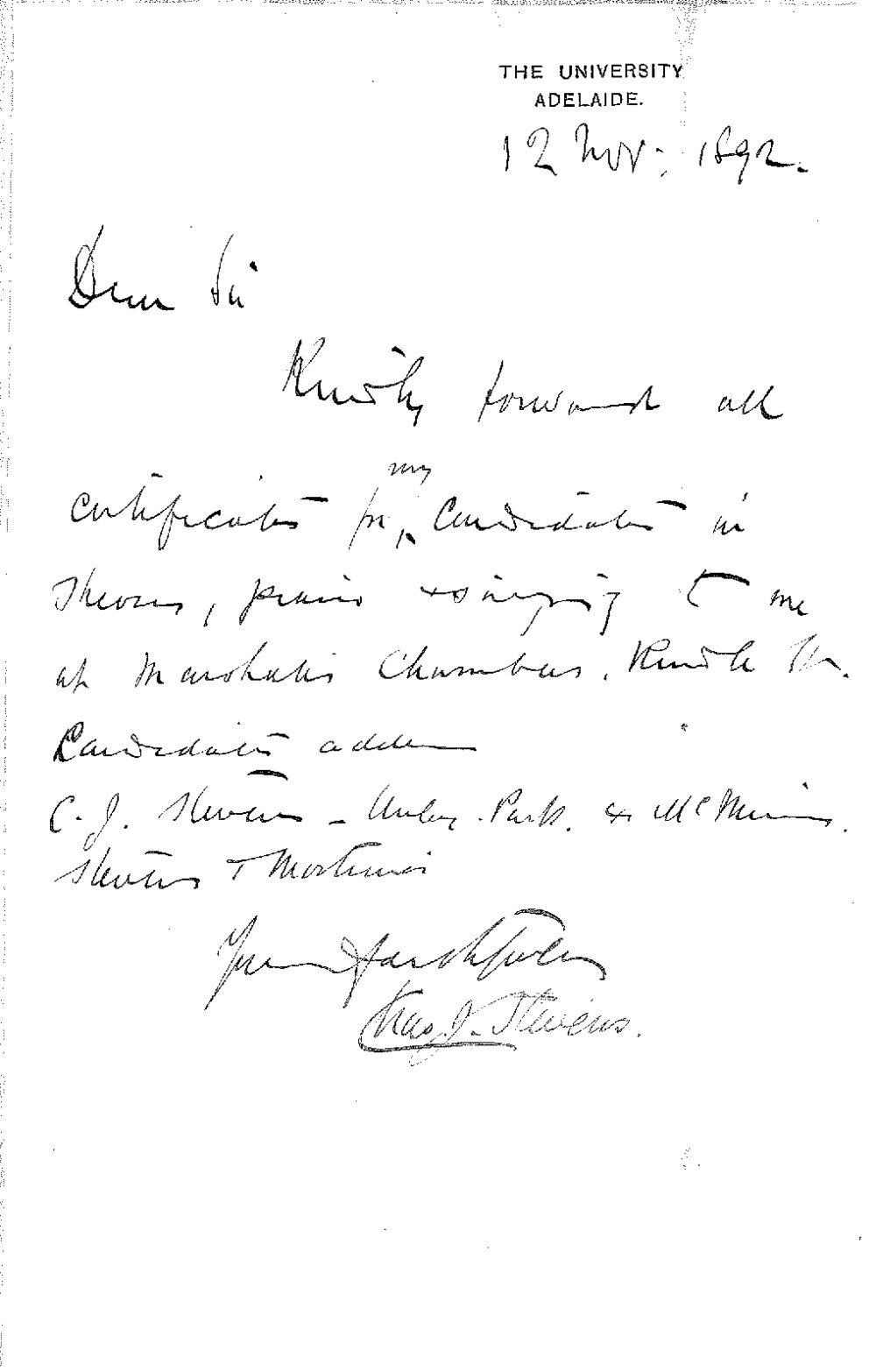 Charles J Stevens - The University - Requesting All Candidates Musical Certificates be Forwarded