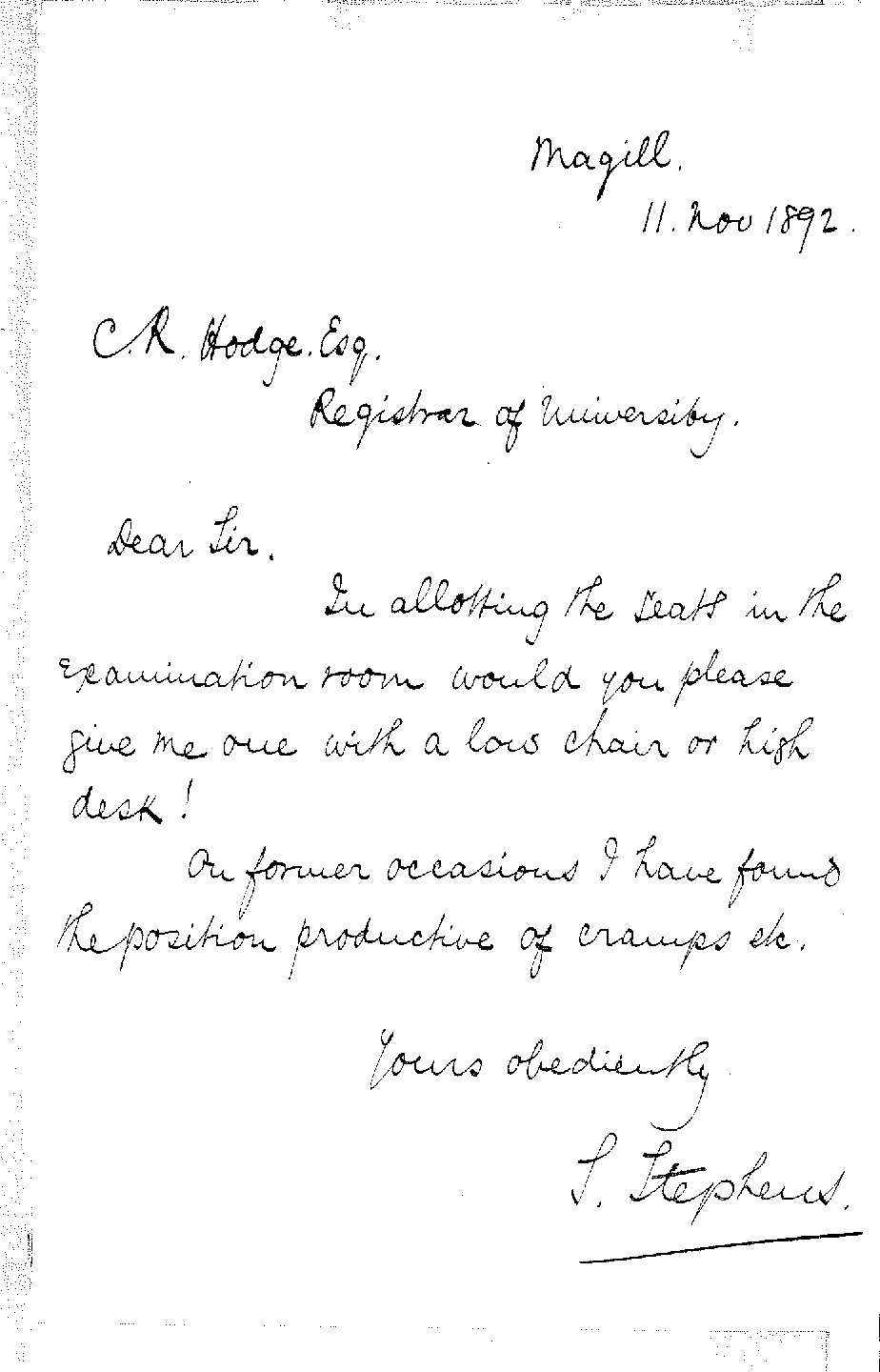 S Stephens - Magill - Requests Comfortable Seat in Examination Room