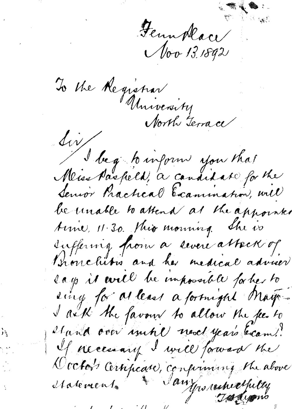 T W Lyons - Fenn Place - Pupil Miss Elsie Adelaide Pasfield Cannot Attend Musical Examination Due to Illness