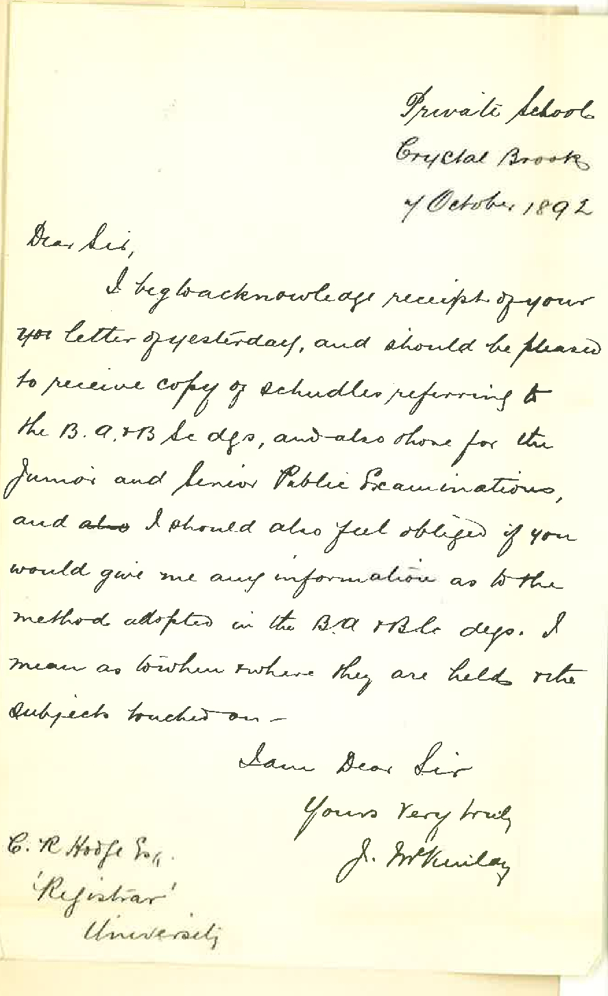 J McKinlay - Private School - Crystal Brook - Requesting Copy of Schedules for 1893