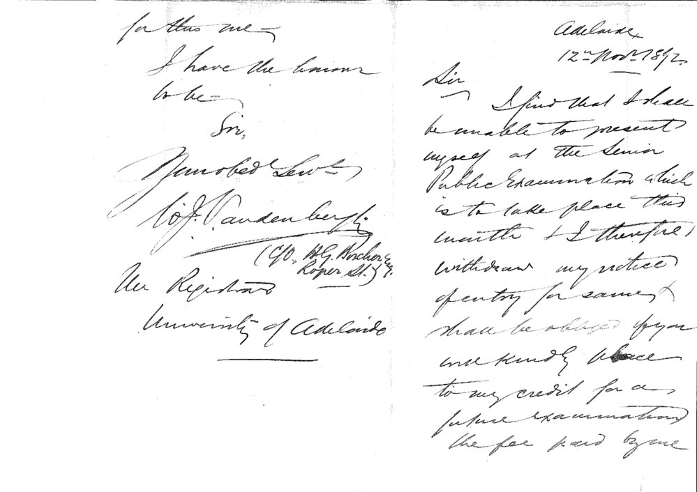 William John Vandenbergh - H G Bircher Roper Street Adelaide - Withdraws from Senior Public Examination 1892