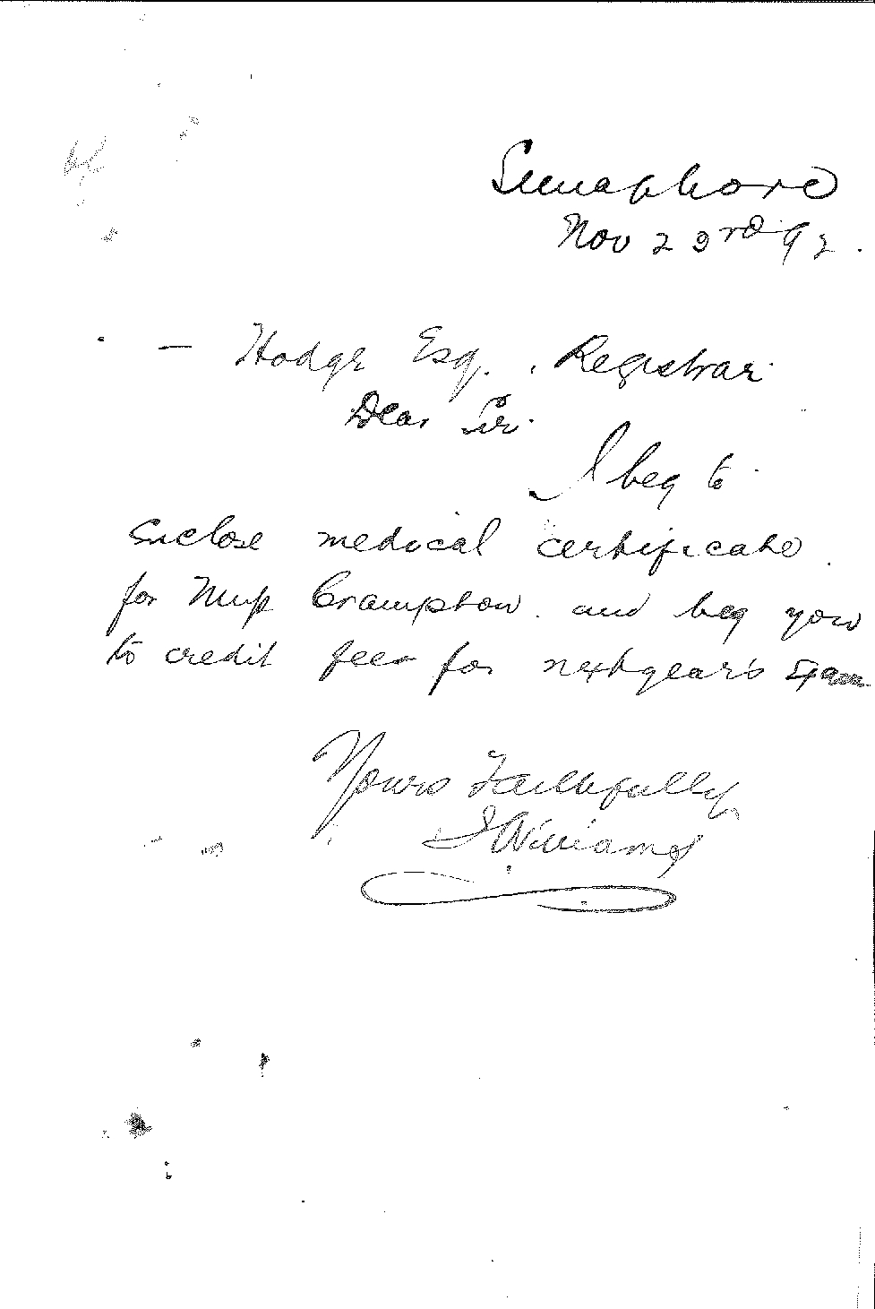 J Williams - Semaphore - Miss Crampton Unable to attend Music Exam Owing to Illness - Medical Certificate