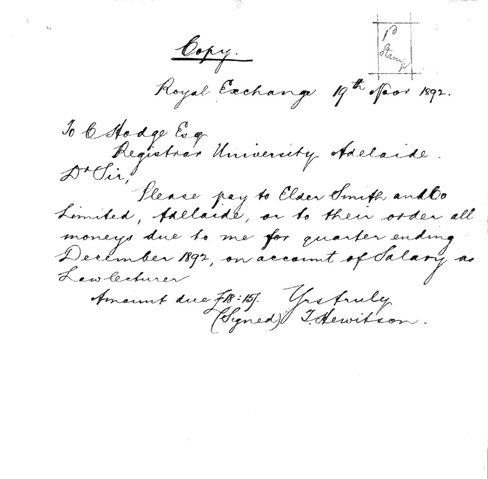 Elder Smith and Co Ltd - Currie Street Adelaide - Recognition of Order for Mr Thomas Hewitson's Salary as Law Lecturer
