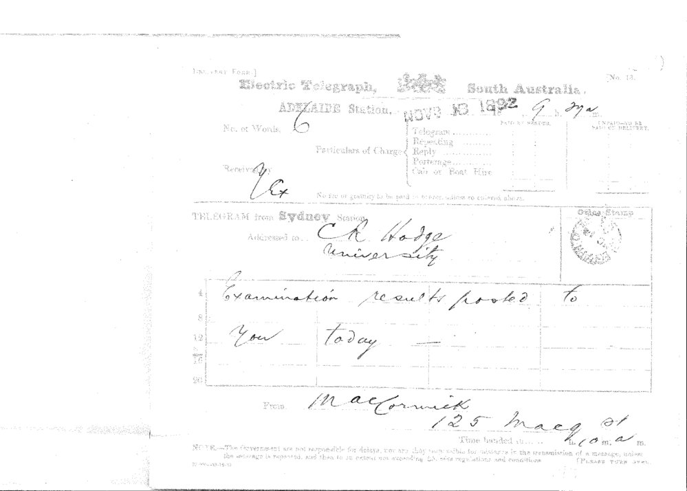 Dr MacCormick - Telegram - Macquarie Street Sydney - Examination Papers Posted 18 November 1892