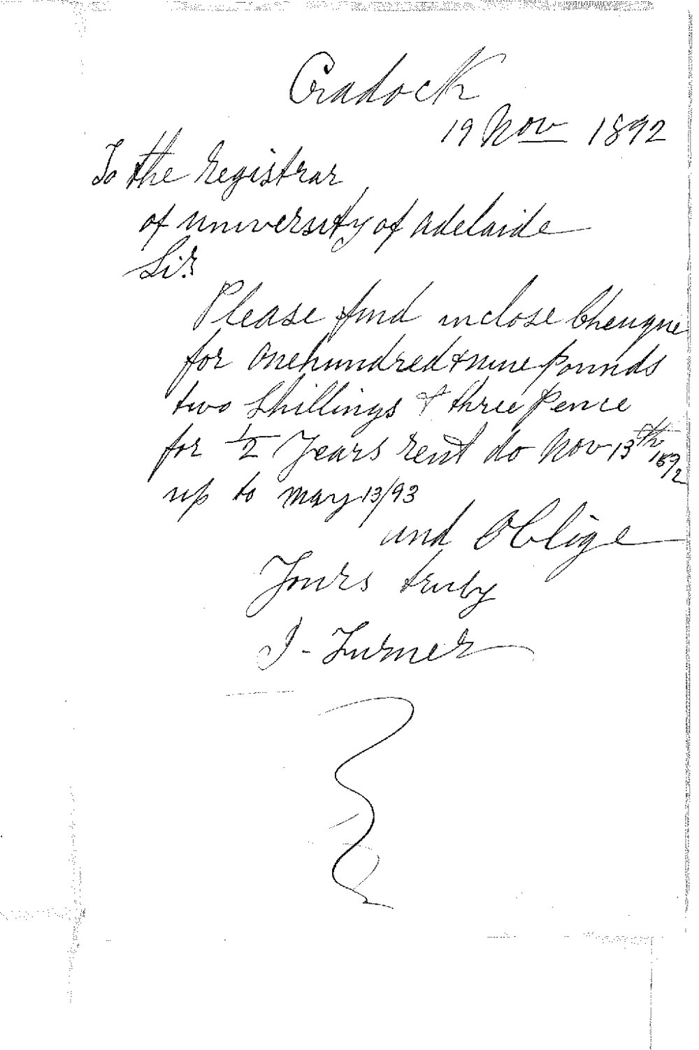 Joseph Turner - Cradock Wirreanda - Payment of Rent