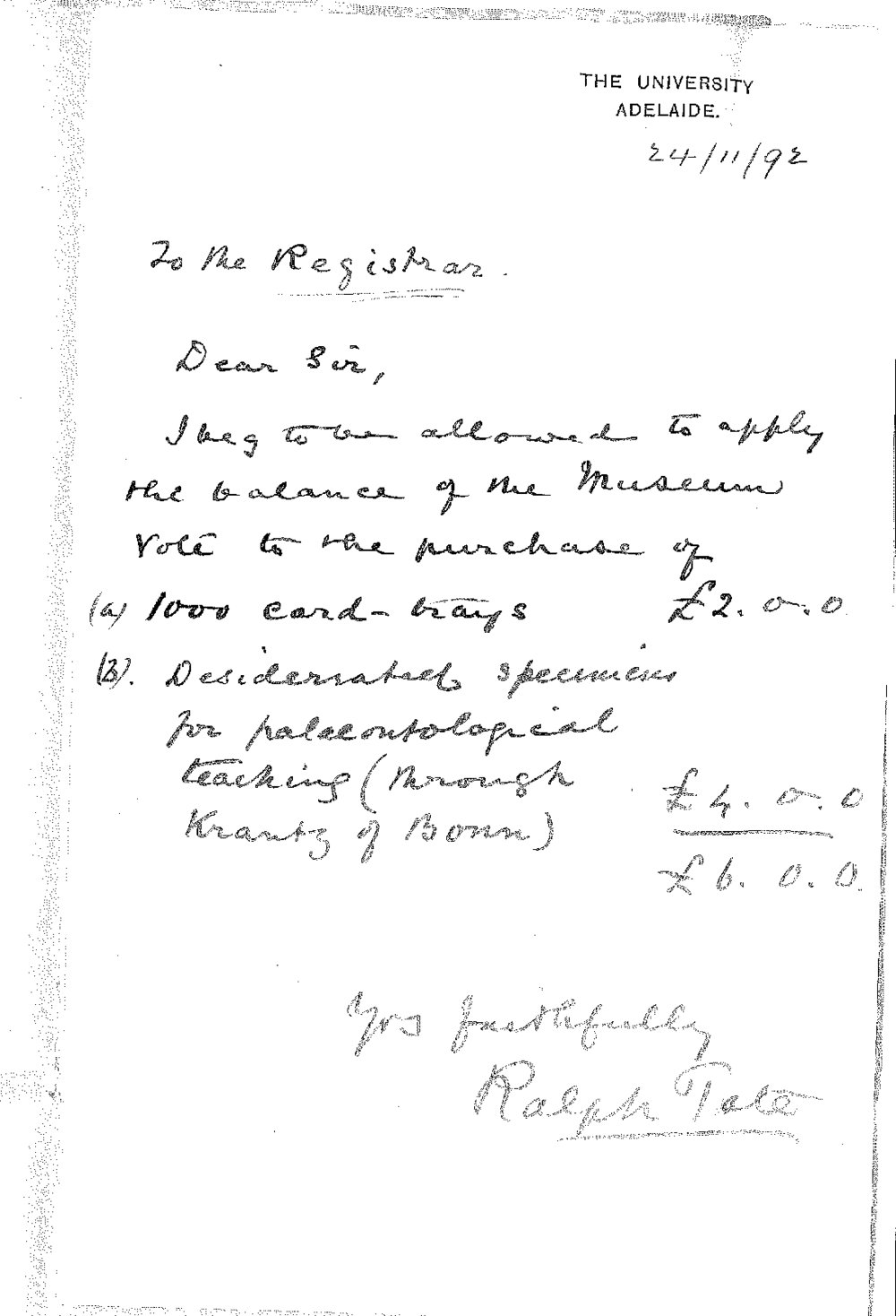 Professor Ralph Tate - The University - Permission to expend balance of vote for Museum 1892