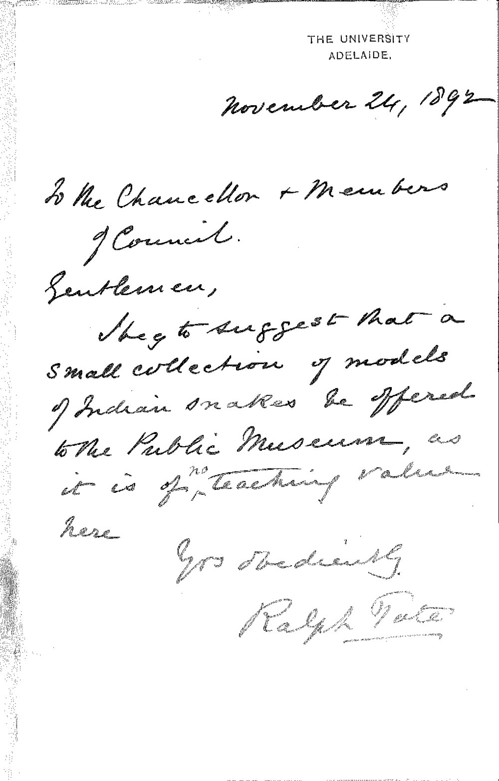Professor Ralph Tate - The University - Suggests that Collection of Snakes be Offered to Museum
