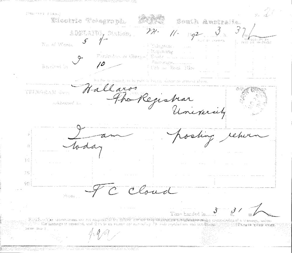 Thomas Charles Cloud - Telegram Wallaroo - Forwarding Examination Papers