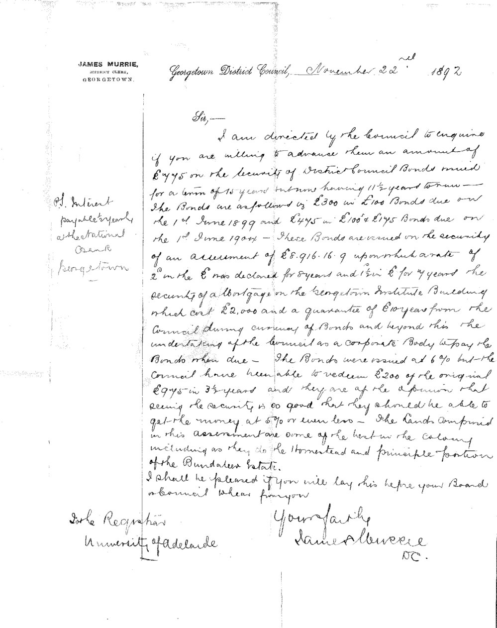 James Murrie - Georgetown District Clerk - Requests Loan of &pound;775 on District Council Bonds