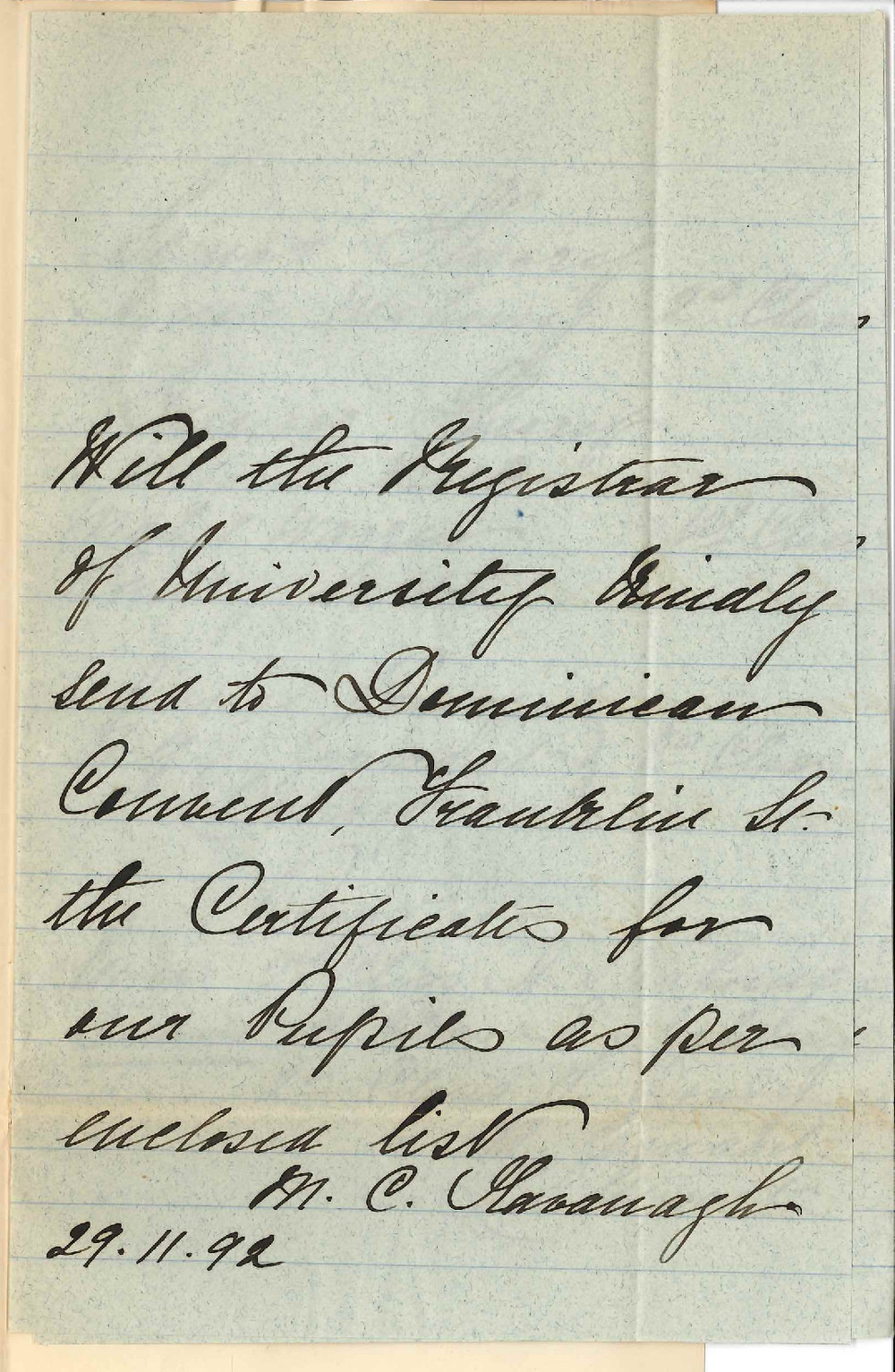 Lady Prioress - Dominican Convent - Franklin Street - Requests Certificates