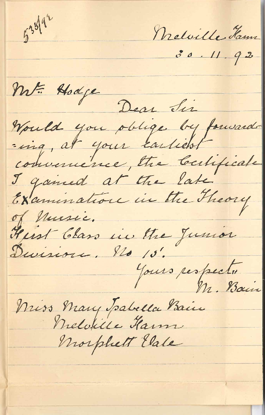 Miss Mary Isabella Bain - Melville Farm - Morphett Vale - Requests Certificate Theory of Music